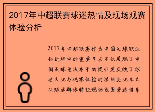 2017年中超联赛球迷热情及现场观赛体验分析
